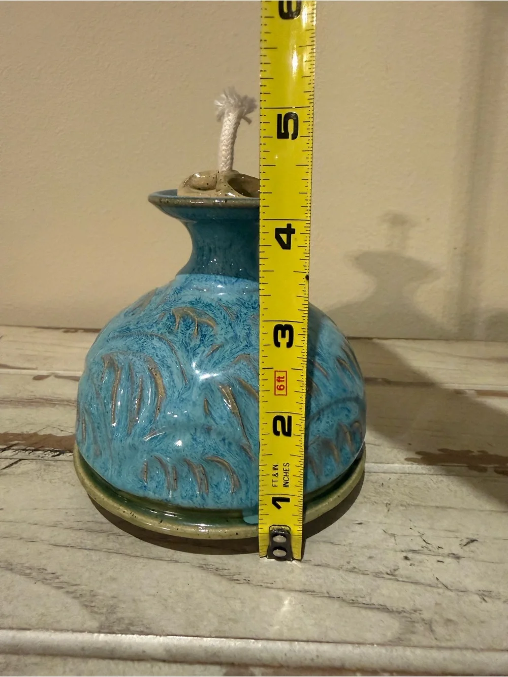 Artisan Studio Pottery Ceramic Oil Lamp Blue Palm Leaf Carved Signed PS.119